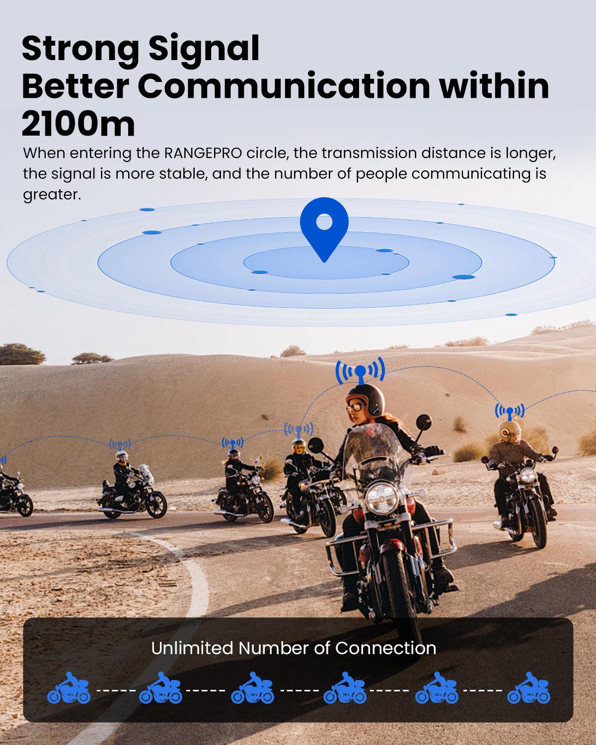 ILM Motorcycle Bluetooth Headset Helmet Communication System 2100M Intercom IP67 Waterproof Noise Cancellation Model RANGEPRO - ILM