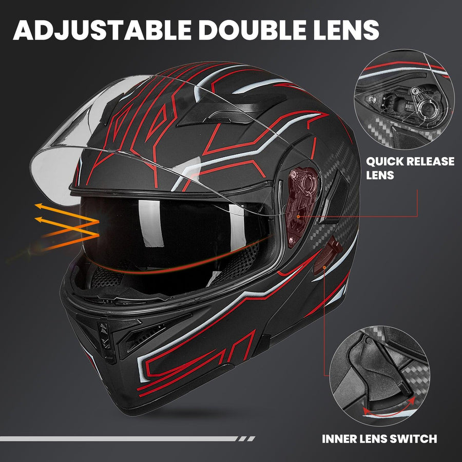 ILM Motorcycle Dual Visor Flip up Modular Full Face Helmet Model 902LED